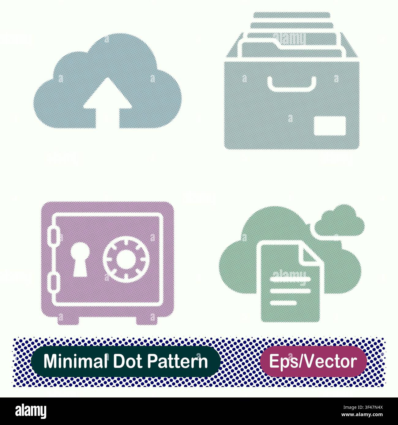 Icone vettoriali di freccia di caricamento su nuvola a motivo puntato minimo, cassetto dell'armadio di archiviazione, cassaforte a combinazione sicura e archiviazione di file di documenti su nuvola Illustrazione Vettoriale