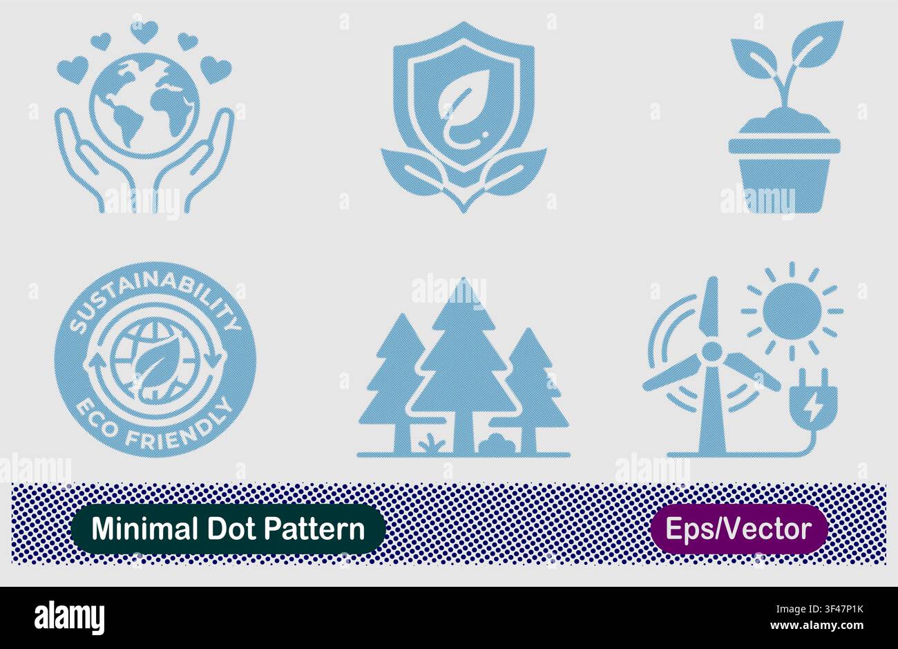 Globo con motivo a punti minimi tra le mani, scudo a forma di foglia, pianta in vaso, badge ecosostenibile amichevole, foresta di pini e vettore di energia solare eolico Illustrazione Vettoriale