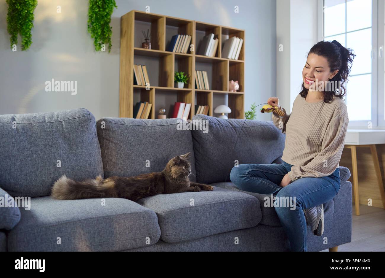 Donna felice che gioca con il gatto sul divano a casa, scena di stile di vita in un salotto accogliente Foto Stock