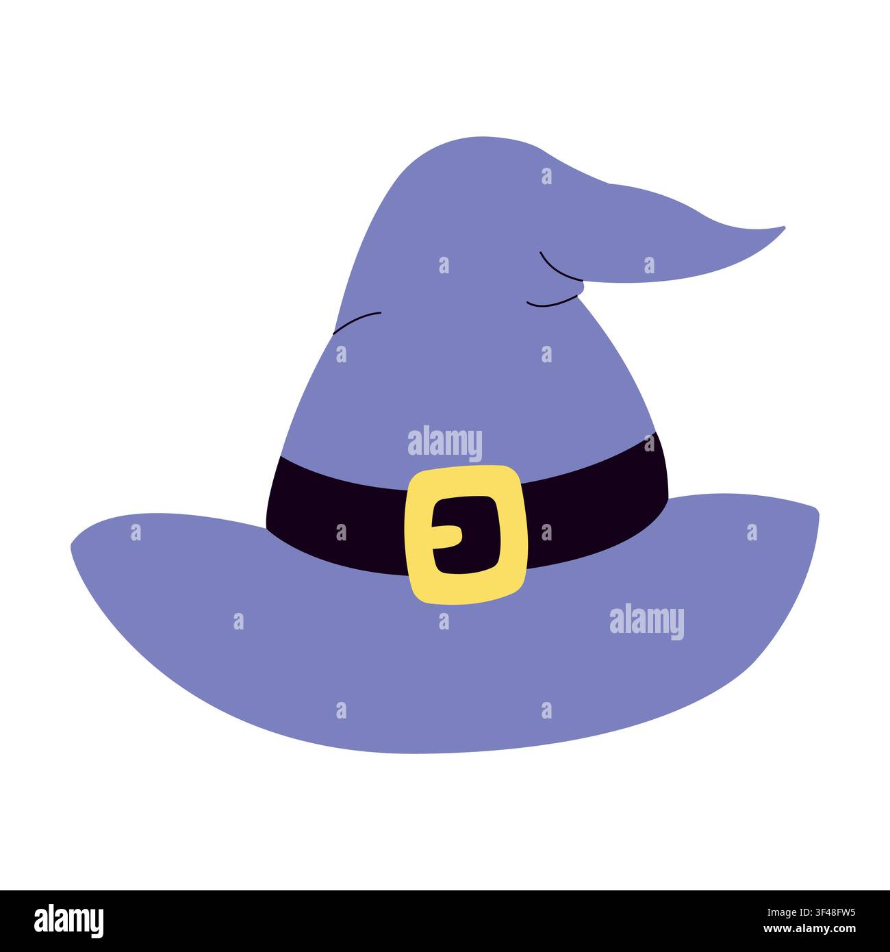 Illustrazione vettoriale di un cappello da strega carino per Halloween. Cappello da mago viola in stile cartoon con cintura nera e fibbia gialla isolato su sfondo bianco. Elemento di abbigliamento da mago magico disegnato a mano, adesivi Illustrazione Vettoriale