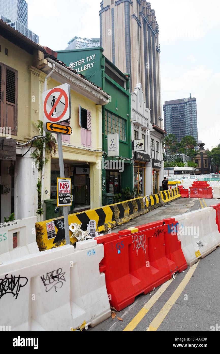 Via delle case commerciali del patrimonio Edifici giallo verdi Barriere al traffico Strada urbana Distretto di Singapore Foto Stock