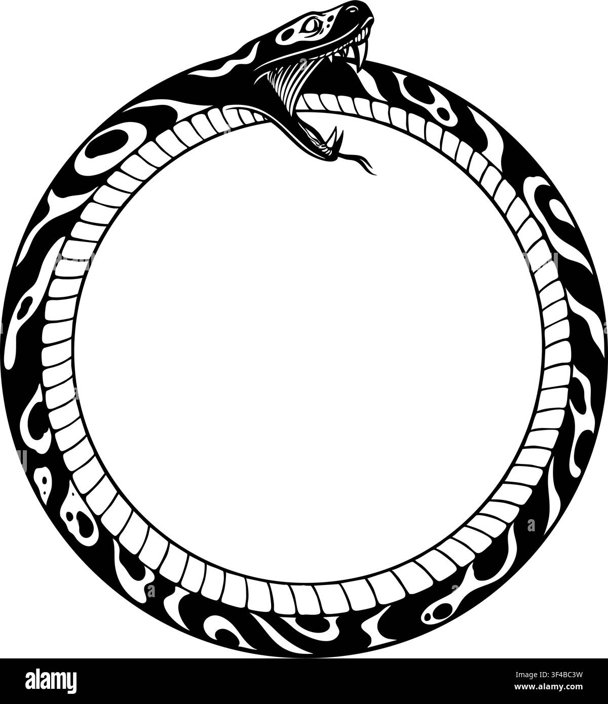 Illustrazione in bianco e nero di un Ouroboros, un serpente che si morde la coda formando un anello circolare perfetto. Il serpente ha un corpo a motivi e una bocca aperta Illustrazione Vettoriale