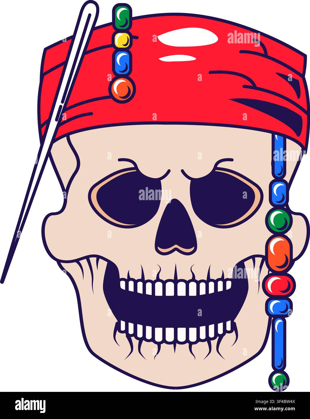 Teschio ridente avvizzito con fascia per capelli con bandana pirata rossa in testa. Zombie con copricapo per il design di un'illustrazione cartoonesca. Auto cranio scheletrico Illustrazione Vettoriale