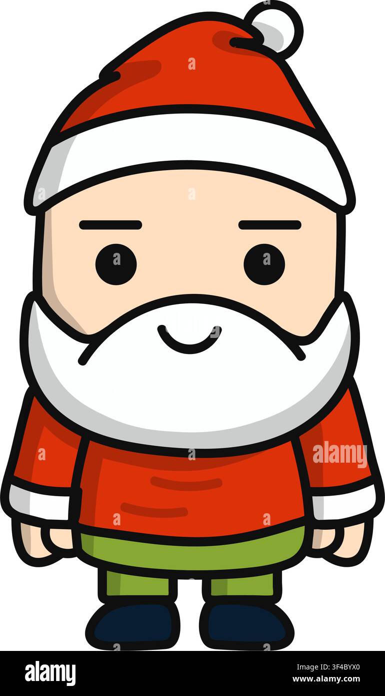 Personaggio di Babbo Natale carino in illustrazione vettoriale piatta. Mascotte amichevole presenta un design minimalista con un sorriso allegro, una barba bianca completa, un Illustrazione Vettoriale