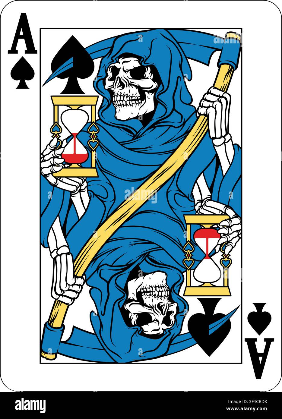 Un design di carta da gioco Asso di Picche con la mietitrice o la morte in uno stile xilografia retrò vintage Illustrazione Vettoriale