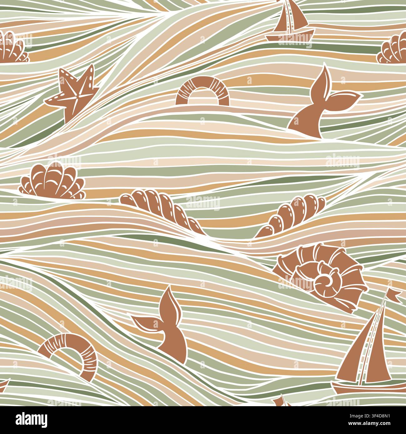 Sfondo vettoriale a motivi senza cuciture in arte lineare con onde marine bohémien estive in verde beige, oceano disegnato a mano, barche e conchiglie, code di delfino marine bohémien Illustrazione Vettoriale