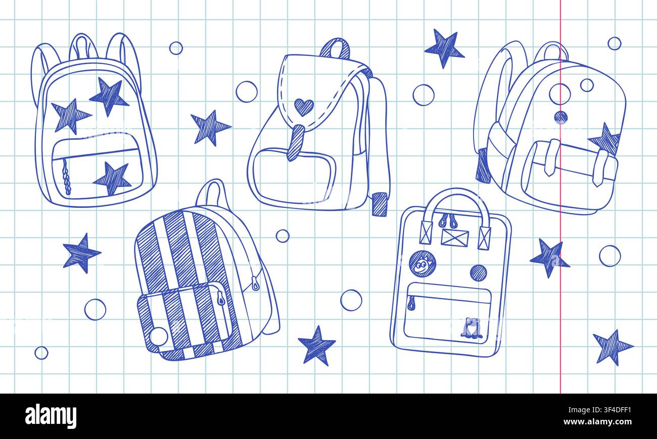 Set di schizzi per zaino scolastico con penna a sfera blu Illustrazione Vettoriale