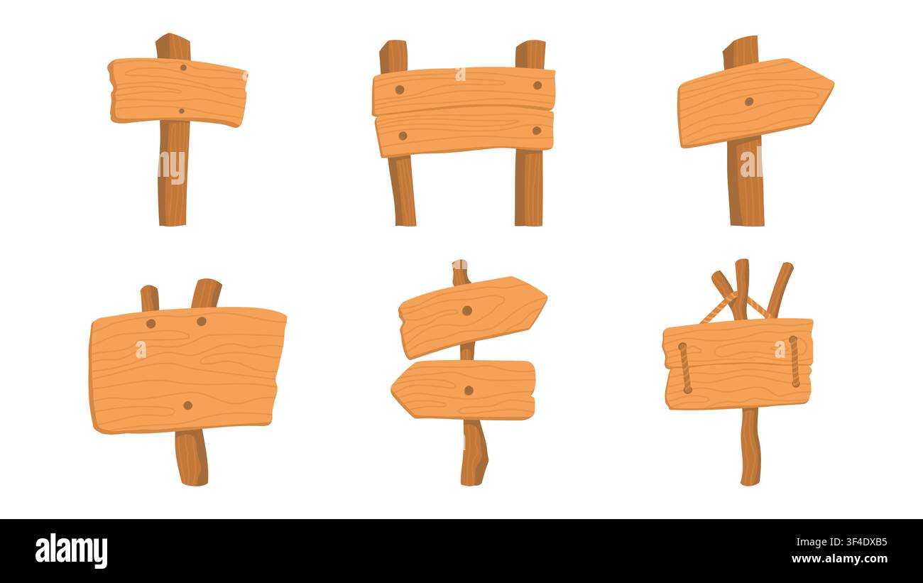 Set di segnaletica in legno isolato su sfondo bianco. Cartelli rustici con più frecce, assi e pali in diverse disposizioni. Banner in stile disegnato a mano con trama di legno Illustrazione Vettoriale