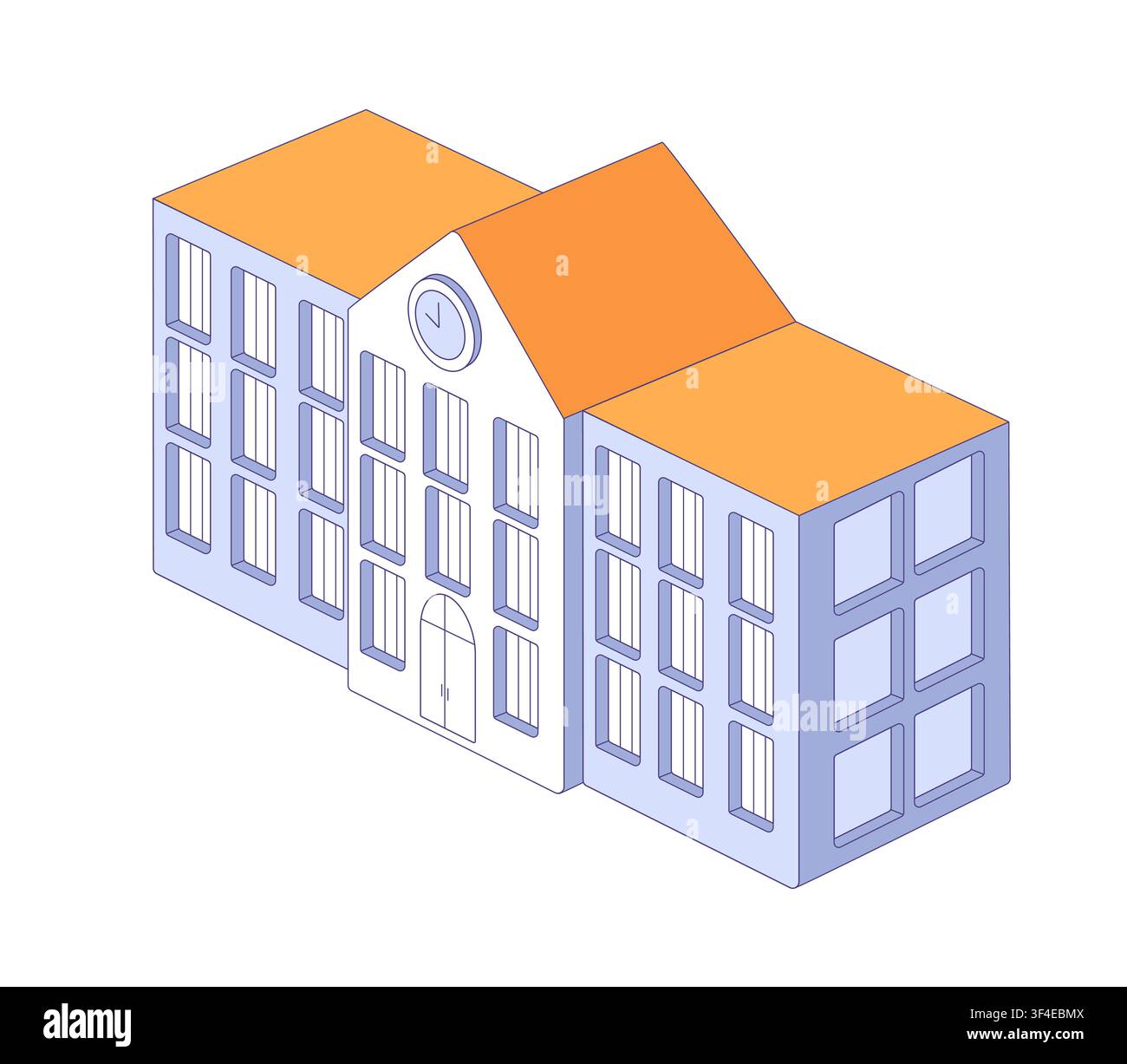 Edificio scolastico con orologio. Illustrazione vettoriale piatta con istituto educativo per il branding scolastico, l'educazione, le guide del campus. Illustrazione Vettoriale