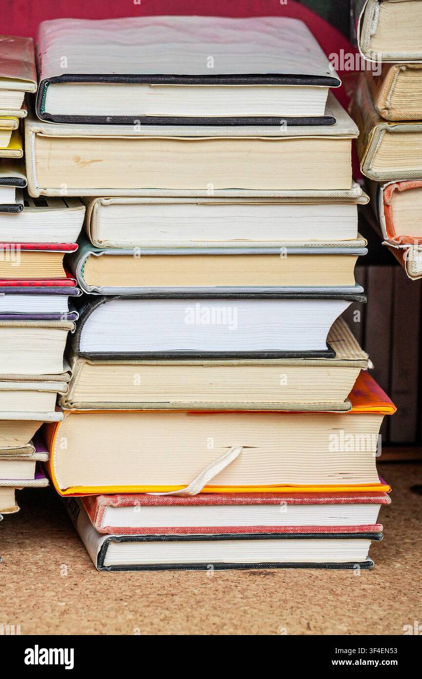 Una pila di vecchi libri su uno scaffale in una biblioteca. Messa a fuoco selettiva. Scartoffie. Cumulo di vecchi libri. Contesto educativo. Concetto di ritorno a scuola. Foto Stock