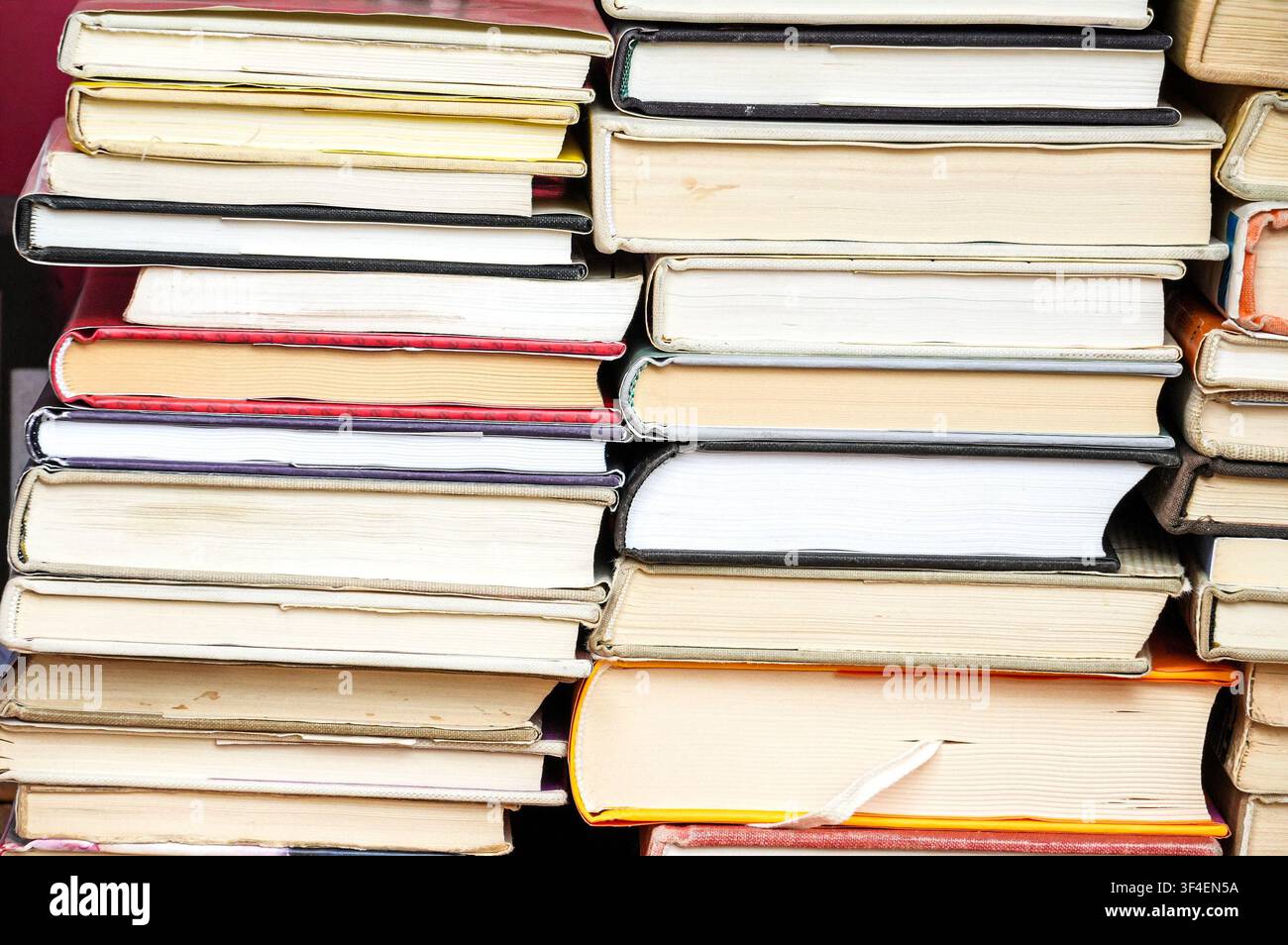 Pila di libri su uno scaffale in una biblioteca. Concetto di educazione Foto Stock