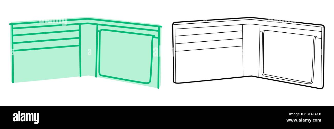 Portafoglio Bifold con opzioni di chiusura e apertura con tasche e chiusura con pattina. Illustrazione tecnica degli accessori moda. Organizer per uomo, donna, silhouette unisex, borsa piatta con disegno CAD isolato Illustrazione Vettoriale