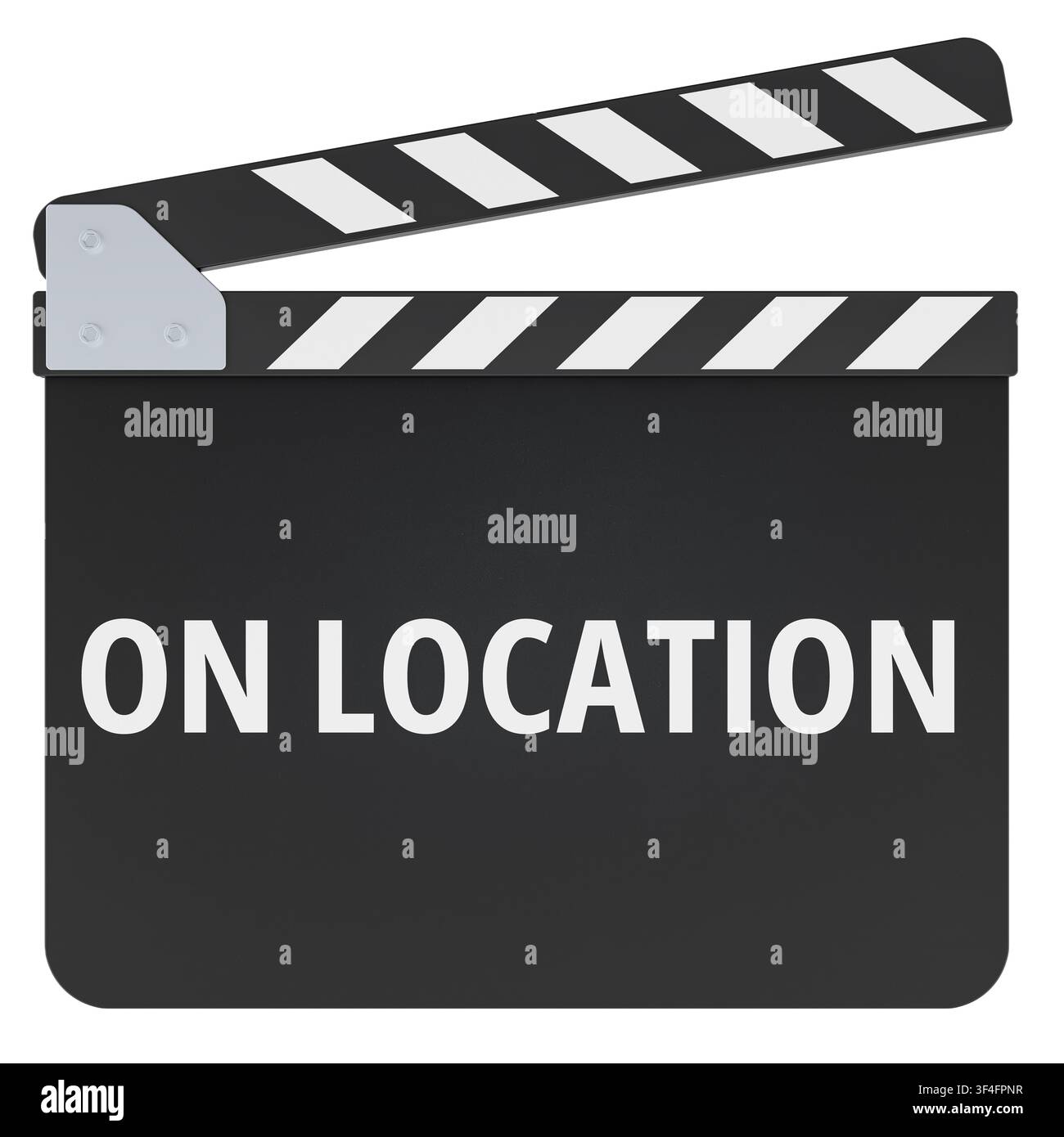 Concetto On Location con ciak di scena. Rendering 3D isolato su sfondo bianco Foto Stock