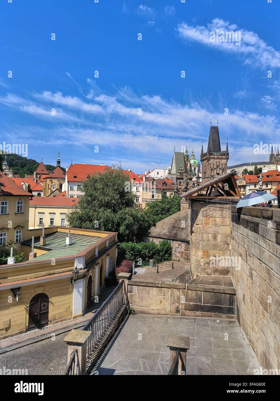 Vista storica panoramica di Lesser Town dalle scale del Ponte di Carlo a Praga - Immagine stock catturata con smartphone