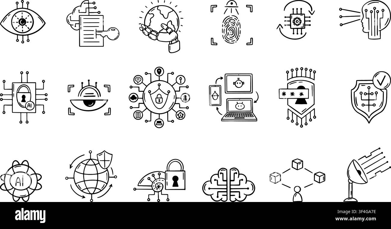Icone di scarabocchio di sicurezza AI. Occhio digitale, servizio di sicurezza robotico. Intelligenza artificiale che protegge conti, dati, servizi cloud e informazioni personali Illustrazione Vettoriale