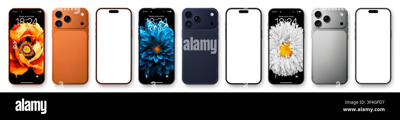 Pacchetto di mockup di telefono cellulare arancione, blu e argento dettagliato. Vista frontale e posteriore isolata. Mockup UI con sfondo di fiori. Illustrazione vettoriale Illustrazione Vettoriale
