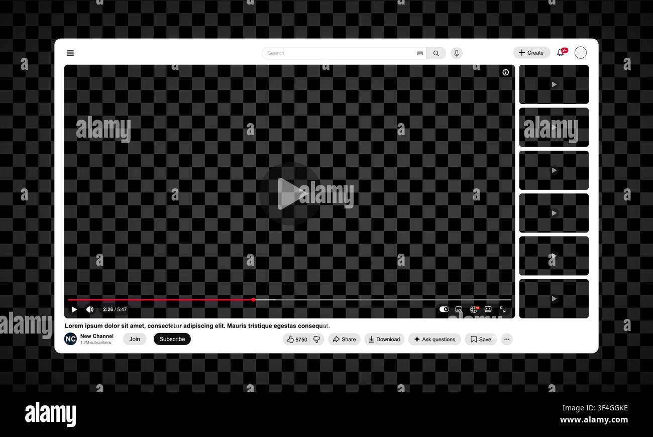 Modello di lettore video in bianco e nero con playlist laterale per app web e mobili isolato su sfondo trasparente. Illustrazione vettoriale Illustrazione Vettoriale