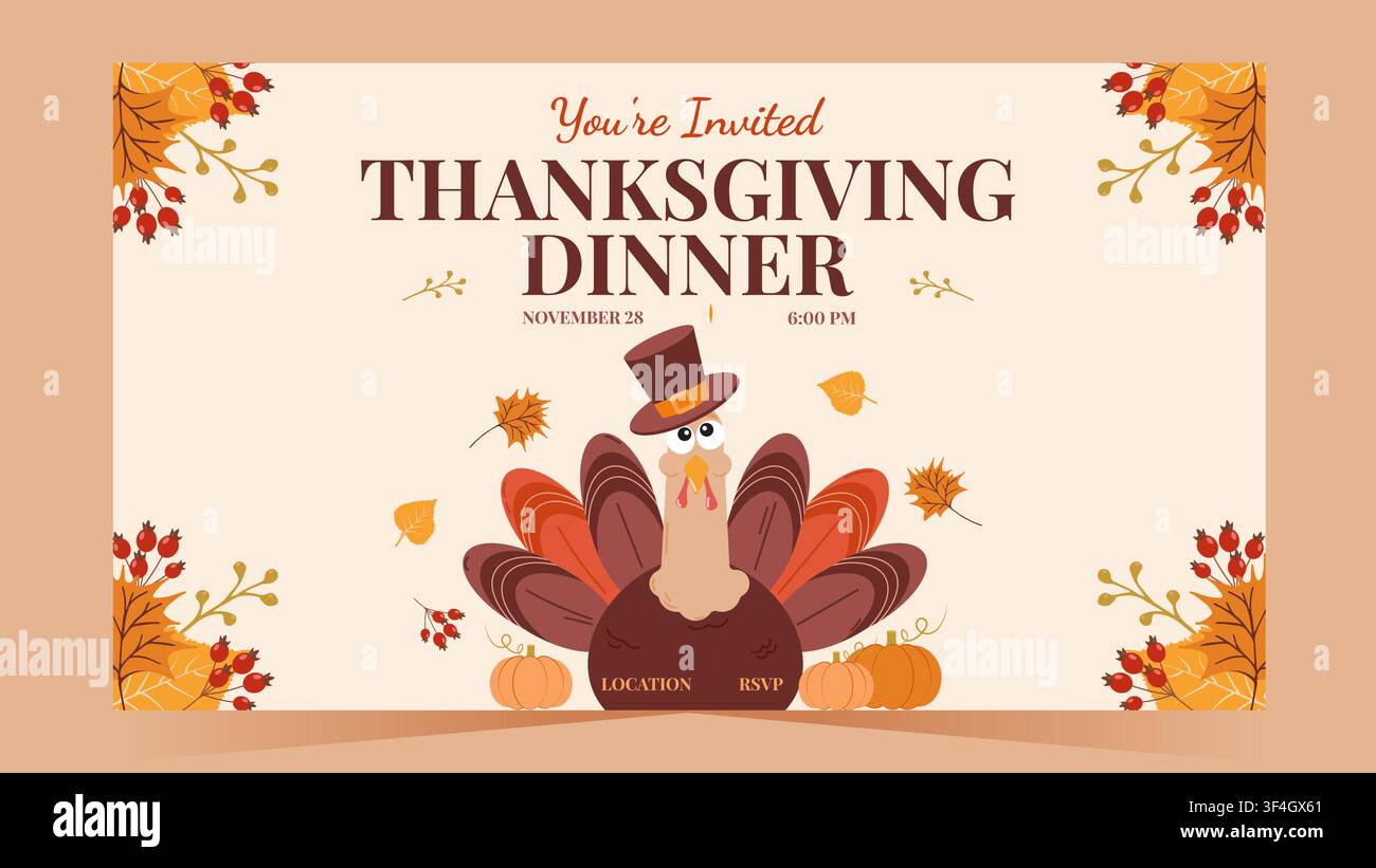 Tacchino carino con zucche e ghirlanda autunnale per un invito a una cena del Ringraziamento. Ideale per biglietti di auguri, eventi di festa e design di stampa, illustrazione vettoriale. Illustrazione Vettoriale