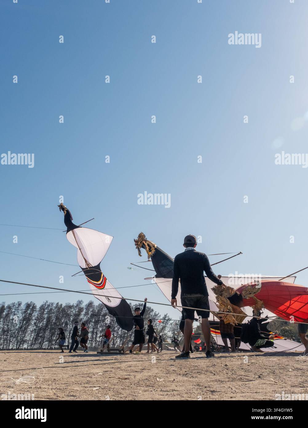 I volatori di aquiloni si preparano con cura per lanciare i loro aquiloni, lavorando insieme a Mertasari Beach, Sanur, Denpasar, Bali, il 25 luglio 2026. Foto Stock
