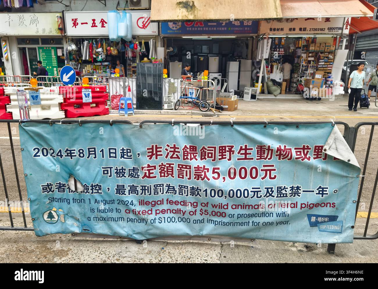 Il banner, avviso ufficiale di sensibilizzazione del pubblico dell'AFCD per informare la popolazione sul divieto cittadino di nutrire i piccioni selvatici. Hong Kong Foto Stock