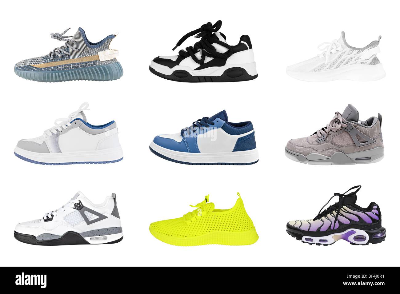 Set di varie scarpe da ginnastica e scarpe sportive moderne isolate su sfondo bianco. Foto Stock