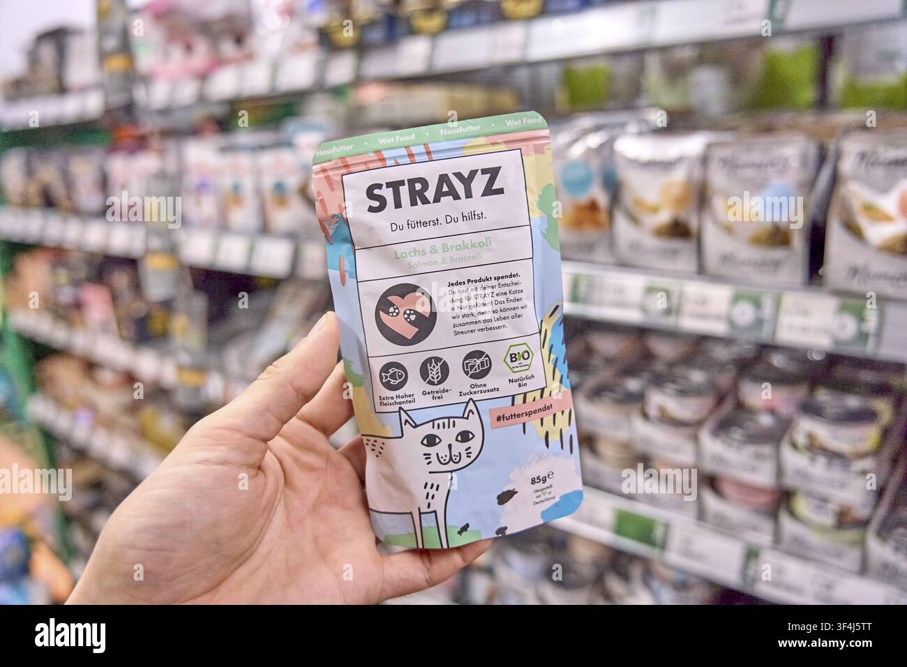 Confezione colorata di cibo per gatti Strayz in mano davanti a uno scaffale pieno di prodotti per animali domestici, comprare cibo per animali, cibo per animali, cibo per animali, cibo per animali, cibo per animali, cibo per animali Foto Stock