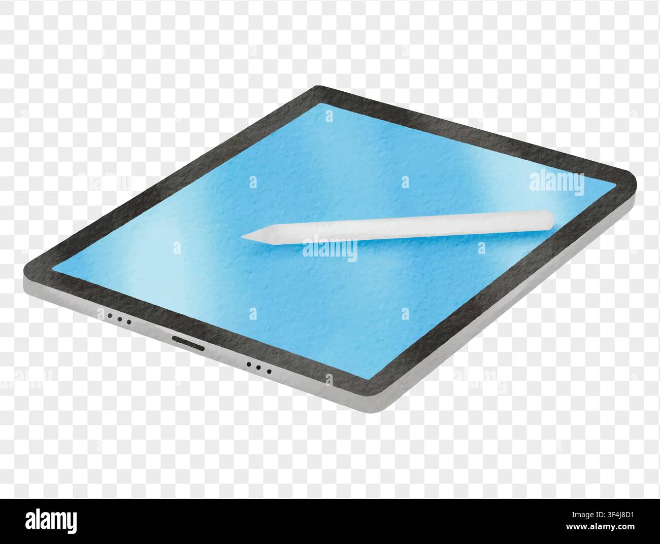 Tablet digitale acquerellato con penna stilo, tecnologia scolastica, strumento di apprendimento online, vettore isolato. Illustrazione Vettoriale
