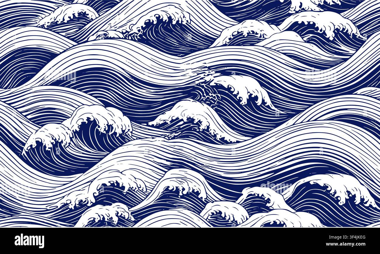 onde di blu scuro con schiuma bianca, schizzo. Illustrazione vettoriale. Motivo senza cuciture del mare o dell'oceano, isolato su sfondo bianco. Per stampe su T Illustrazione Vettoriale