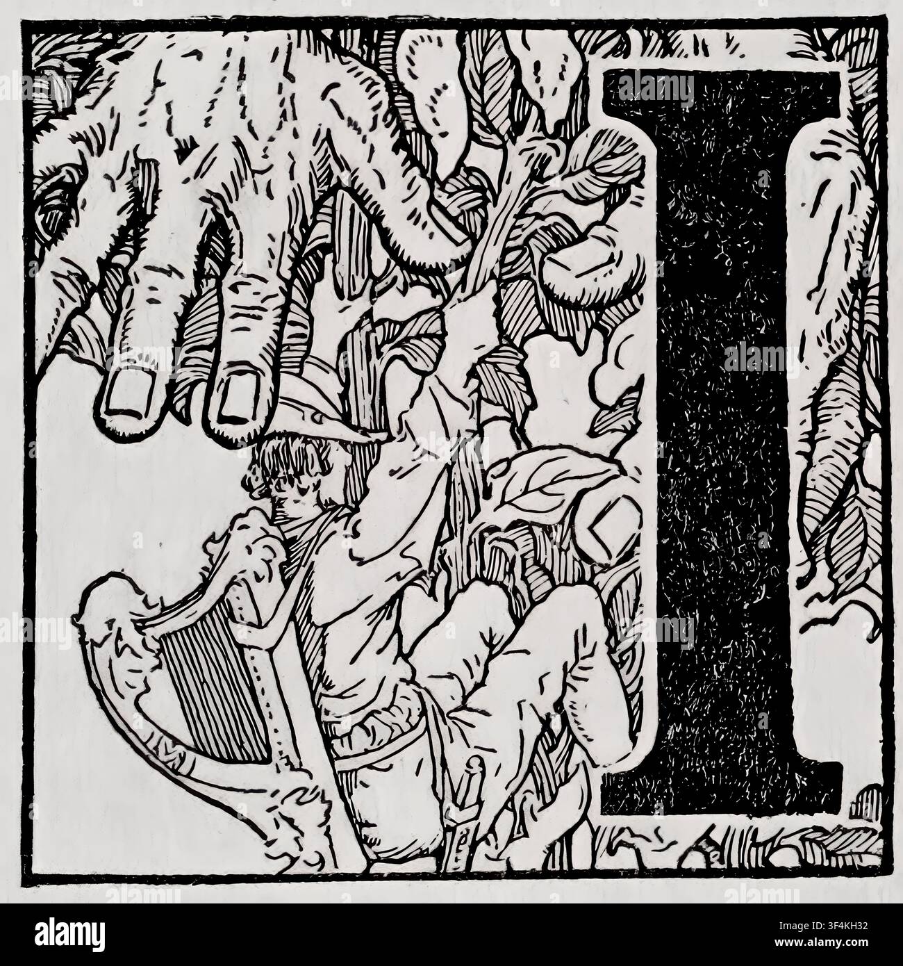 Lettera maiuscola I decorata e ornata con un uomo, forse il re Davide, che suona l’arpa, circondata da un intricato fogliame e rampicanti, con una grande mano che si allunga dall’alto. Illustrato da Louis Rhead nel 1922 Foto Stock