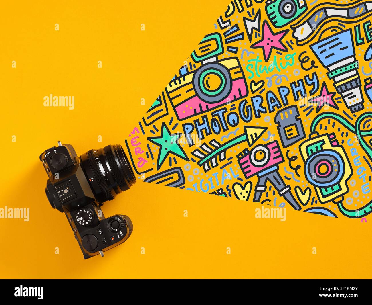 Fotocamera moderna che crea una raffica di scarabocchi legati alla fotografia, illustrando concetti di fotografia creativa, arte visiva e imaging digitale Foto Stock