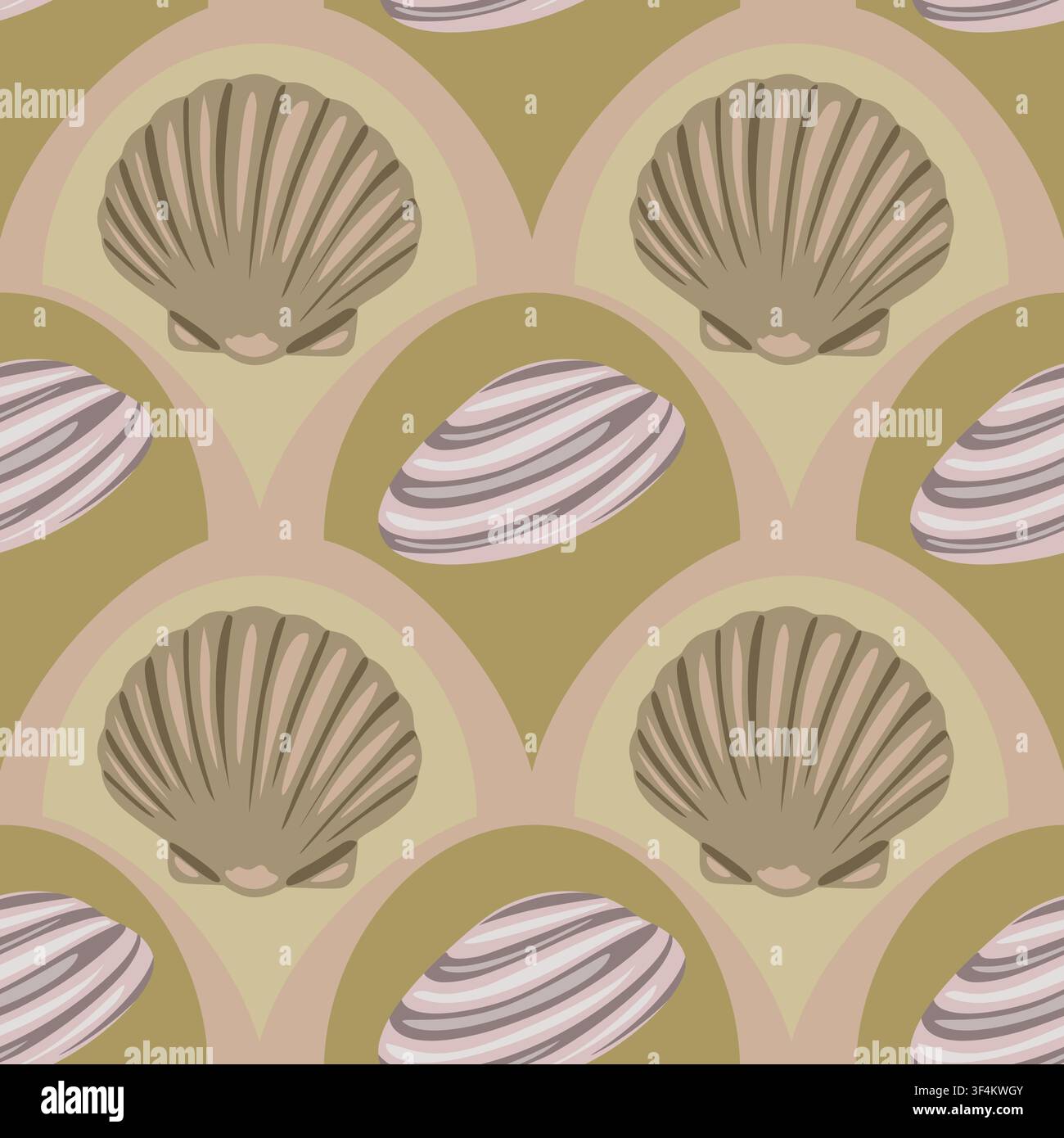 Modello vettoriale senza cuciture con conchiglie e vongole in toni terra smorzati, sfondo costiero retrò Illustrazione Vettoriale