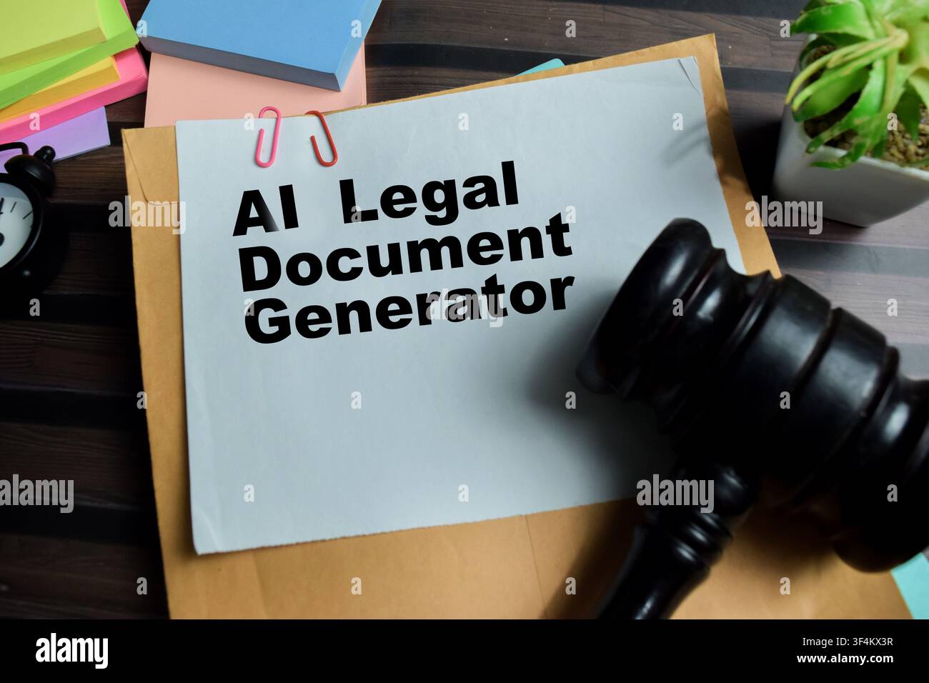 Concetto di generatore di documenti legali AI scritto su un documento legale isolato su un tavolo di legno. Foto Stock