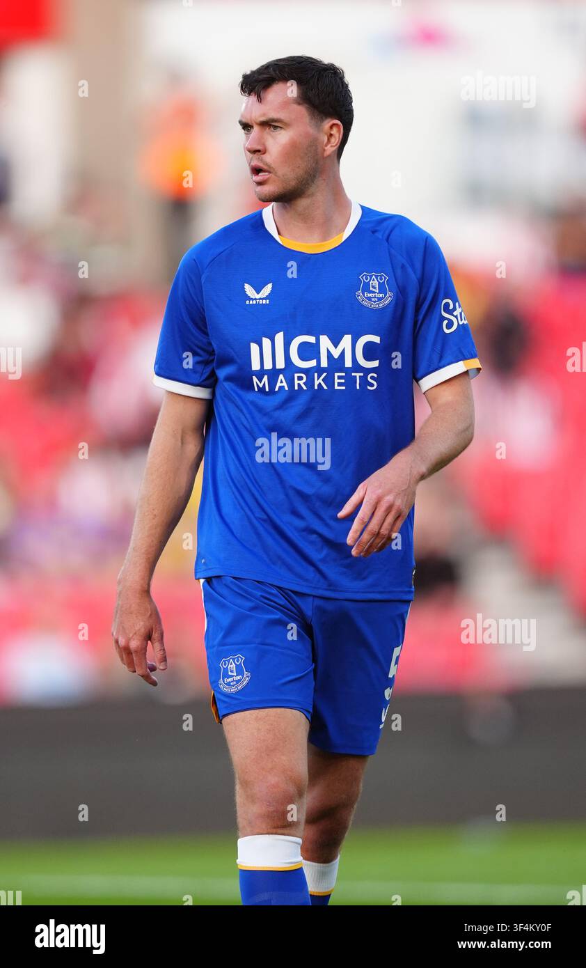 Michael Keane dell'Everton durante la partita amichevole di pre-stagione al Bet 365 Stadium, Stoke-on-Trent. Data della foto: martedì 28 luglio 2026. Foto Stock