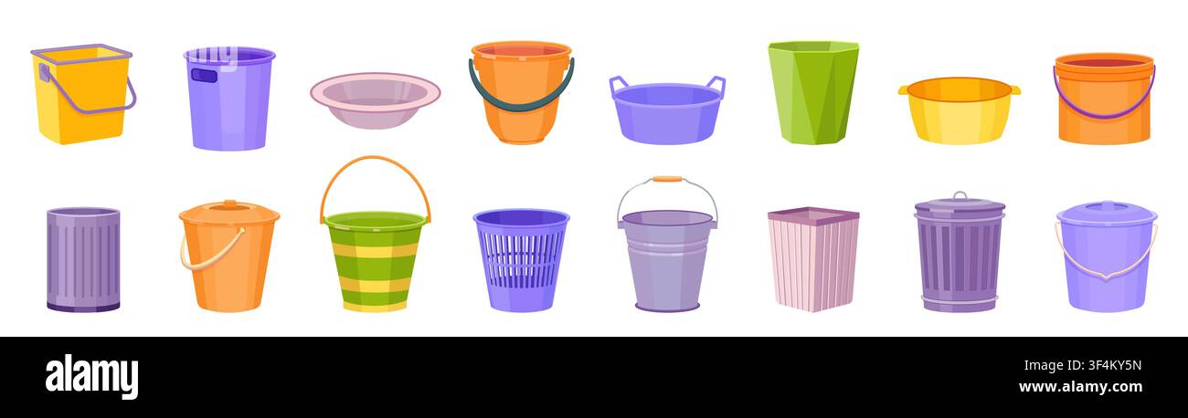 Secchio d'acqua. Vasca da secchio in plastica, cestino o vasca vuota diversa. Bidone rotondo in metallo, bacinella per il bucato. Ciotola per vestiti. Serbatoi per la casa. Attrezzature per il lavaggio. Set isolato in stile piatto di cartoni animati vettoriali Illustrazione Vettoriale