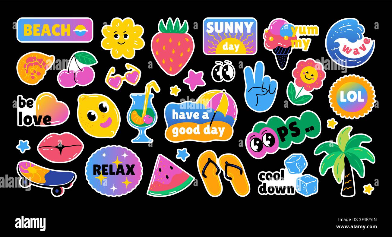 Forme estive divertenti. Adesivo retrò sorridente, emoji facciale Y2K felice per un'etichetta moderna di doodle cool. Personaggi divertenti elementi grafici stagionali giocosi icone. Grafica vettoriale stile cartoon piatto set isolato Illustrazione Vettoriale
