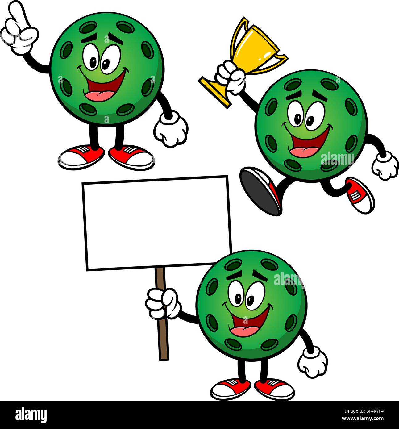 Set di mascotte di Pickleball 02, illustrazioni disegnate a mano di mascotte di Pickleball in varie pose. Illustrazione Vettoriale