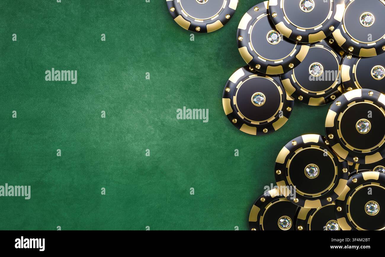 Gettoni di poker neri e dorati in 3D su feltro verde Foto Stock
