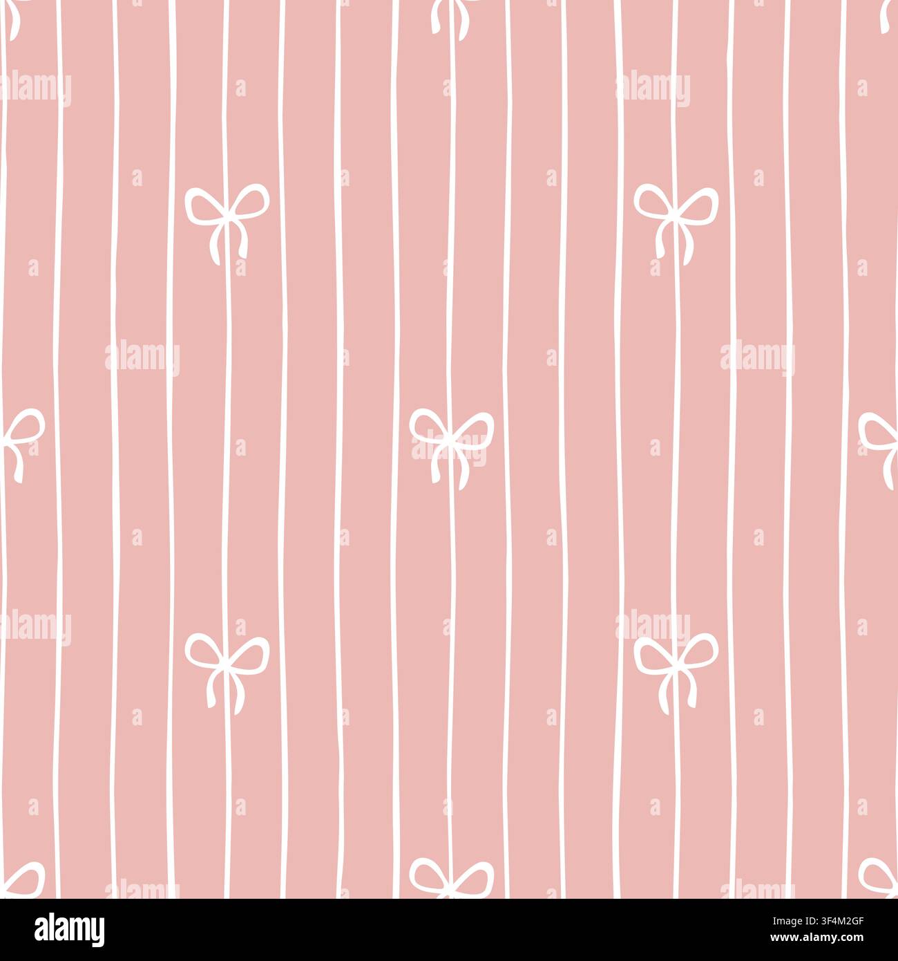 Modello senza cuciture con fiocchi bianchi disegnati a mano e strisce verticali su sfondo rosa. Stampa tessile carina per carta da regalo, decorazione per camerette e abbigliamento per bambini. Linee per doccia rosa per bambine Illustrazione Vettoriale