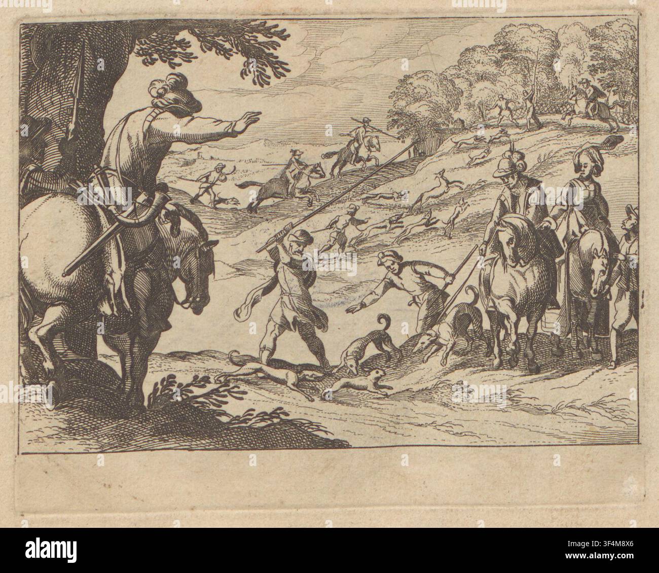 Un'incisione del XVII secolo, Hazenjacht, dal libro illustrato 'jachtscènes', stampa 4, che presenta due cacciatori a piedi, assistiti da cani da caccia, che inseguono una lepre, mentre diversi cavalieri, tra cui una signora, osservano, creata da un designer, un incisore e un editore sconosciuti. Foto Stock