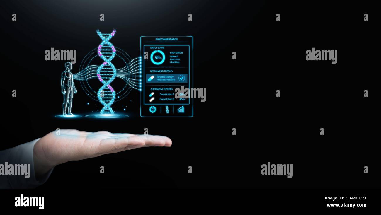 Concetto di medicina personalizzata alimentata dall'IA con mano del medico e DNA su spazio di copia scuro. Modello digitale del paziente, analisi genomica e trattamento intelligente Foto Stock