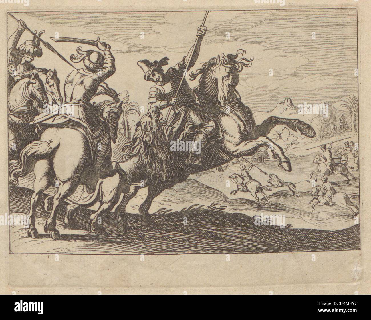 Un'incisione del XVII secolo tratta dal libro illustrato 'jachtscènes', che presenta tre cacciatori in abiti orientali a cavallo che combattono un leone, con il cavallo di un quarto cacciatore visibile, creato da un designer, un incisore e un editore sconosciuti. Foto Stock
