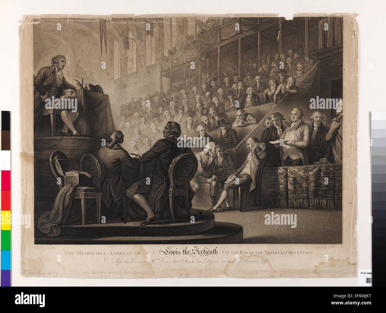 Luigi Schiavonetti, incisione del 1796, raffigurante Luigi XVI davanti alla Convenzione Nazionale, su disegno di William Miller, pubblicata da Gaetano Testolini, che presenta il memorabile discorso del re francese. Foto Stock