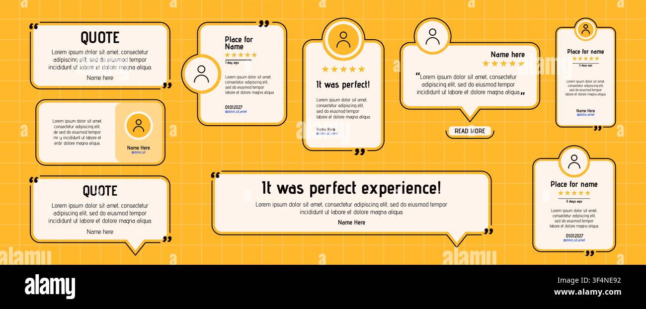 Confezione con diversi layout Testimony a forme varie. Design semplice e carino con valutazione a cinque stelle e raccomandazioni testuali. Illustrazione Vettoriale