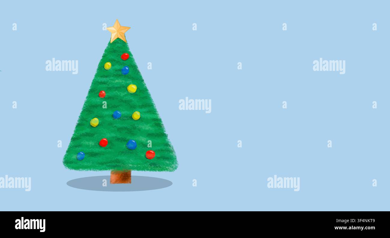 Albero di Natale verde decorato con palline colorate e una stella d'oro su sfondo blu Foto Stock