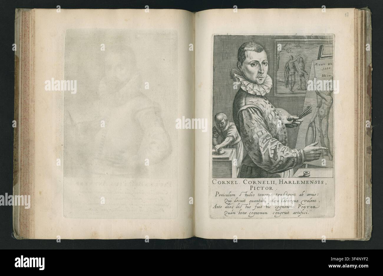 Ritratto di Cornelis Cornelisz. van Haarlem, pittore olandese, all'età di 22 anni, inciso da Robert de Baudous e pubblicato da Hendrik Hondius, 1610, su disegno di Hendrick Goltzius. Foto Stock