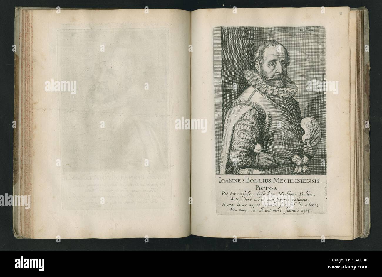 Ritratto di Hans Bol, pittore fiammingo del XVII secolo, in un'incisione di Andries Jacobsz. Stock, pubblicata da Hendrik (I) Hondius, 1610, secondo un'opera di Hendrick Goltzius. Foto Stock