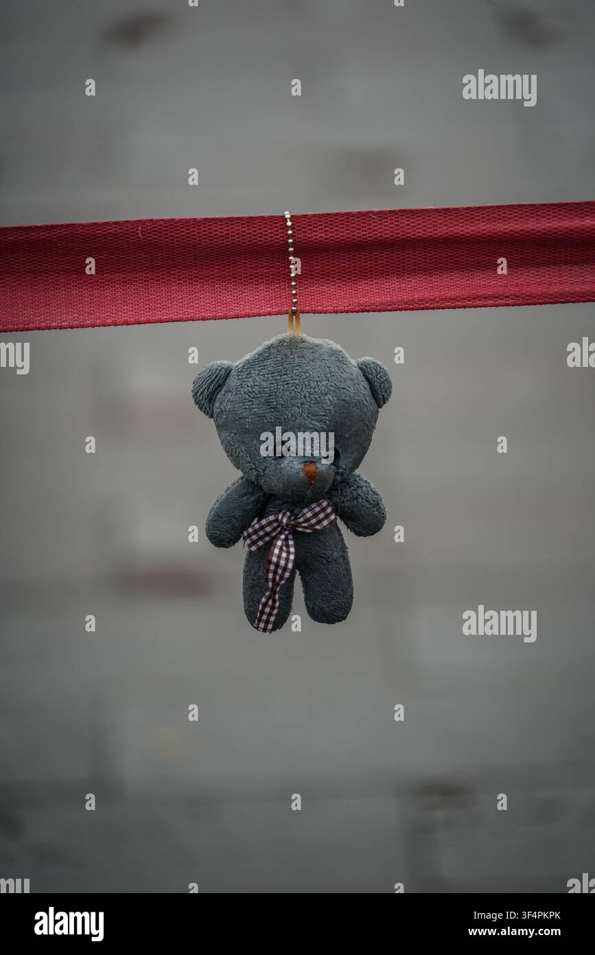 Un piccolo portachiavi di peluche a forma di orsetto grigio scuro con occhi di perle nere e un naso a bottone arancione pende da una catena a sfere d'argento attaccata a una larga cinghia rossa Foto Stock