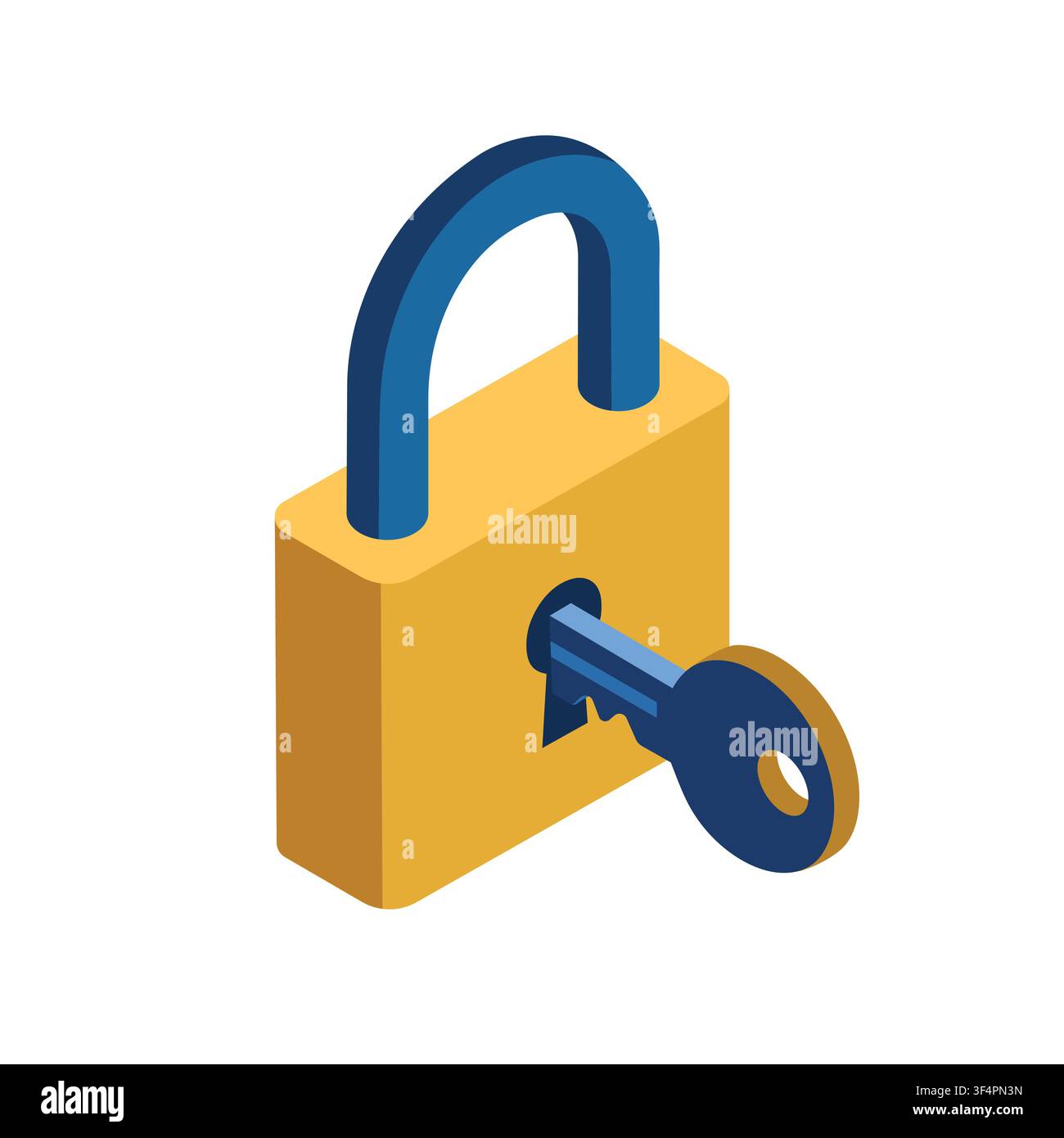 Illustrazione isometrica 3D di un lucchetto giallo e una chiave blu, simbolo di sicurezza, protezione dei dati e privacy isolato su sfondo bianco Illustrazione Vettoriale