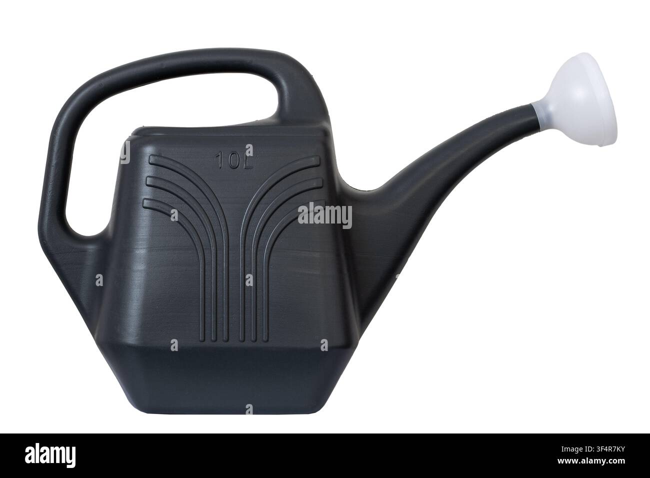 Un annaffiatoio di plastica nero isolato su sfondo bianco. Un primo piano di un annaffiatoio moderno. Foto Stock