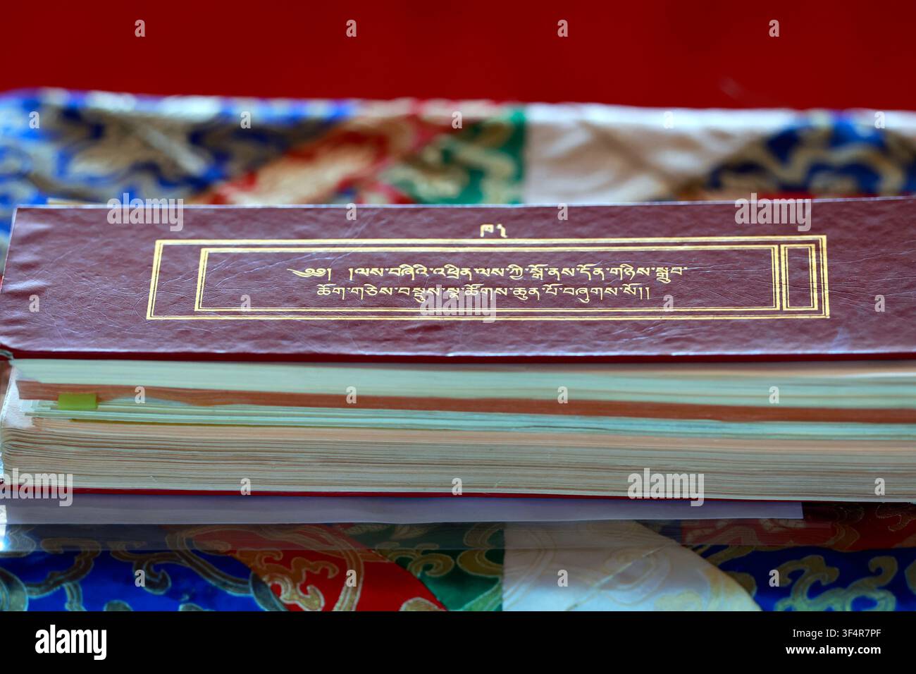 Testo liturgico tibetano (Pecha) in formato oblungo tradizionale, con copertina bordeaux con titolo scritto in oro con scripta dbu-can su broccato cerimoniale Foto Stock